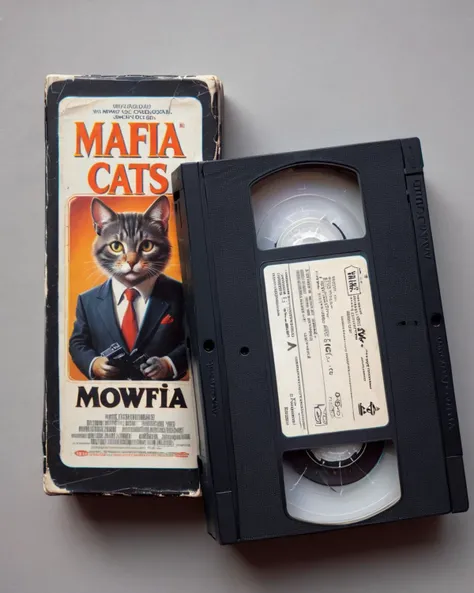 <lora:VHS_package:0.8> vhs tape, a movie called "Meowfia" - about mafia cats wearing suits.