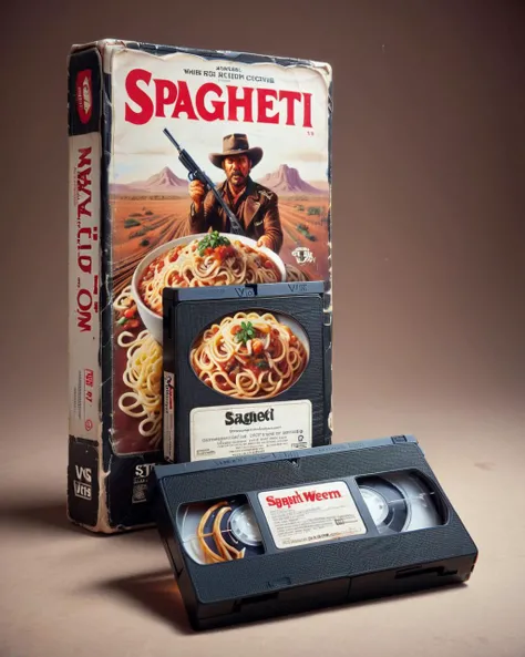 <lora:VHS_package:0.8> vhs tape, a movie called "Spaghetti Western" where spaghetti becomes the weapon of choice in a showdown between rival pasta gangs