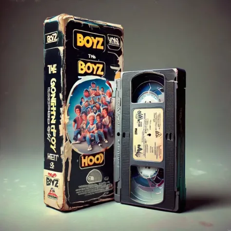 <lora:stylevision-tune-20231120-000007:0.3> VHS tape, the called "Boyz N The Hood," about a group of young men sitting and standing together, in casual clothing, with an urban background <lora:VHS_package:0.85>