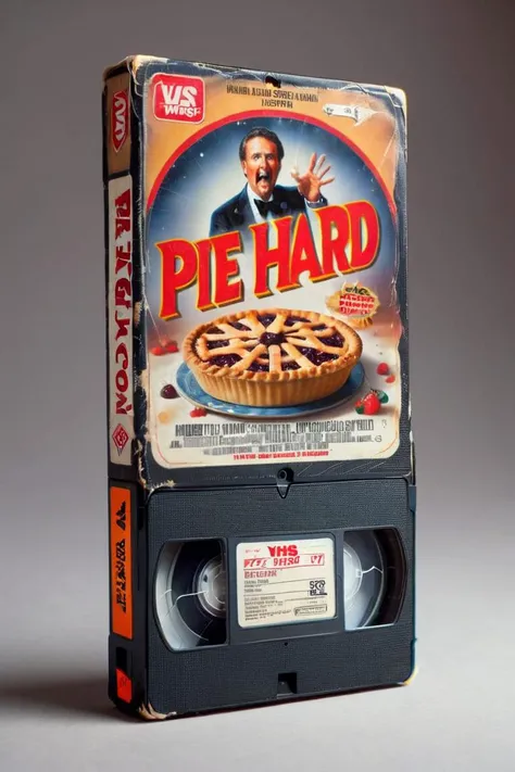 <lora:VHS_package:0.8> vhs tape, a movie called "Pie Hard" - A baking enthusiast accidentally becomes a contestant in a high-stakes pie-making competition with a group of eccentric participants.