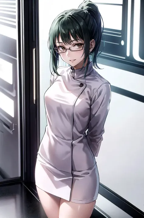(masterpiece, best quality, detailed), 1girl, solo, looking at viewer, green hair, ponytail, glasses, brown eyes,
<lora:NeoFuturisticTech-20:1.1>, neotech, sleek, indoors, convenience store, shop, arms behind back, smile, parted lips