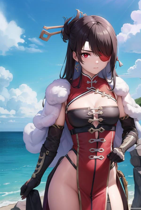 beidou, <lora:beidou-lora-nochekaiser:1>,
beidou, black hair, (eyepatch:1.5), hair ornament, hair over one eye, hair stick, long hair, one eye covered, (red eyes:1.5), (small breasts:1.2), <lora:talkmouth_I_v100:1>,
BREAK black gloves, boots, capelet, cleavage, fingerless gloves, gloves, high heel boots, high heels, highleg, highleg leotard, leotard, thigh boots, (pelvic curtain:1.5),
BREAK outdoors, sea,
BREAK looking at viewer, (cowboy shot:1.5),
BREAK <lyco:GoodHands-beta2:1>, (masterpiece:1.2), best quality, high resolution, unity 8k wallpaper, (illustration:0.8), (beautiful detailed eyes:1.6), extremely detailed face, perfect lighting, extremely detailed CG, (perfect hands, perfect anatomy),