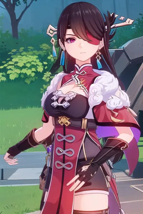 beidou, <lora:genshin beidou ingame-lora-nochekaiser:1>,
beidou, long hair, bangs, brown hair, black hair, hair ornament, (red eyes:1.3), (hair over one eye:1.5), (eyepatch:1.5), hairpin, (one eye covered:1.5), smile, grin,
BREAK thighhighs, gloves, cleavage, jewelry, earrings, black gloves, fingerless gloves, fur trim, chinese clothes, vision \(genshin impact\),
BREAK outdoors,
BREAK looking at viewer, (cowboy shot:1.5),
BREAK <lyco:GoodHands-beta2:1>, (masterpiece:1.2), best quality, high resolution, unity 8k wallpaper, (illustration:0.8), (beautiful detailed eyes:1.6), extremely detailed face, perfect lighting, extremely detailed CG, (perfect hands, perfect anatomy),