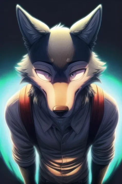 (((masterpiece,best quality,ultra-detailed))),1wolf,legoshi,gray_wolf,solo,detailed face,yiff,<lora:Legoshi_Lora:1>,(((neon cold lighting,dark color background))),((black eyes,solid eyes)),(Male Auto Mechanic:1.25),<lora:add_detail:1>,(Happy,Looking At Animal,high-angle view:1.236),<lora:muscle_slider_v1:-0.85>,<lora:weight_slider_v2:-0.95>,