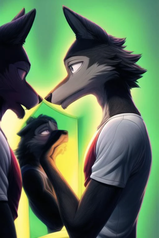 (((masterpiece,best quality,ultra-detailed))),1wolf,legoshi,gray_wolf,solo,detailed face,yiff,<lora:Legoshi_Lora:1>,(((bisexual lighting,dark color background))),((black eyes,solid eyes)),(Male Sports Journalist:1.25),<lora:add_detail:1>,(Embarrass,Looking At Mirror,side view up:1.236),<lora:muscle_slider_v1:-0.85>,<lora:weight_slider_v2:-0.95>,