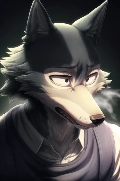 (((masterpiece,best quality,ultra-detailed))),1wolf,legoshi,gray_wolf,solo,detailed face,yiff,<lora:Legoshi_Lora:1>,(((volumetric lighting,dark color background))),((black eyes,solid eyes)),(Male Editor:1.25),<lora:add_detail:1>,(Gasping,Head Down,from the right:1.236),<lora:muscle_slider_v1:-0.85>,<lora:weight_slider_v2:-0.95>,