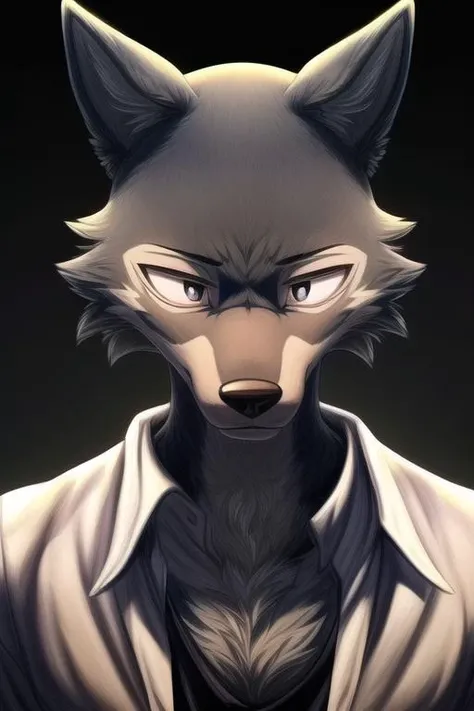 (((masterpiece,best quality,ultra-detailed))),1wolf,legoshi,gray_wolf,solo,detailed face,yiff,<lora:Legoshi_Lora:1>,(((Three-point lighting,,dark color background))),((black eyes,solid eyes)),open shirt,<lora:add_detail:1>,(Sleepy,Head Down,eye level view/level gaze/straight gaze:1.236),<lora:muscle_slider_v1:-1.15>,<lora:weight_slider_v2:-1.15>,