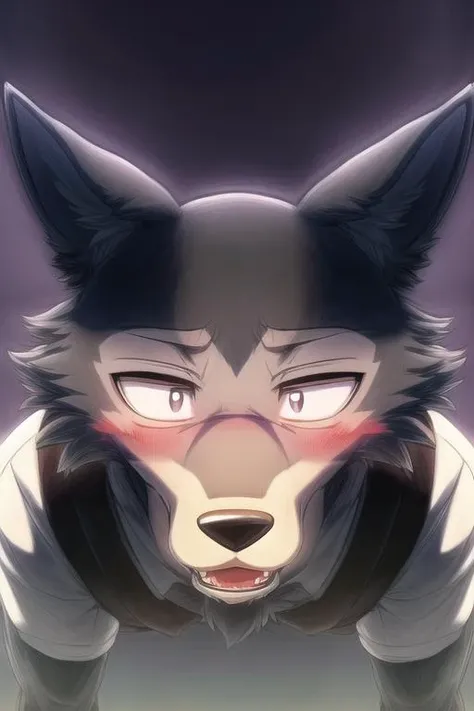 (((masterpiece,best quality,ultra-detailed))),1wolf,legoshi,gray_wolf,solo,detailed face,yiff,<lora:Legoshi_Lora:1>,(((Crepuscular Ray,dark color background))),((black eyes,solid eyes)),(Male Instructor:1.25),<lora:add_detail:1>,(Blush,Looking Down,from below:1.236),<lora:muscle_slider_v1:-0.85>,<lora:weight_slider_v2:-0.95>,
