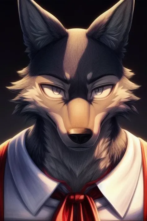 (((masterpiece,best quality,ultra-detailed))),1wolf,legoshi,gray_wolf,solo,handsome detailed face,watch to the viewer,school uniform,yiff,<lora:Legoshi_Lora:1>,((volumetric lighting,dark color background)),(black eyes,solid eyes),<lora:add_detail:1>,