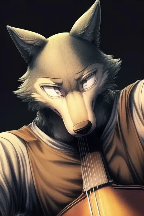 (((masterpiece,best quality,ultra-detailed))),1wolf,legoshi,gray_wolf,solo,detailed face,yiff,<lora:Legoshi_Lora:1>,(((top light,dark color background))),((black eyes,solid eyes)),(Male Cellist:1.25),<lora:add_detail:1>,(Dark,Looking Ahead,ground view up:1.236),<lora:muscle_slider_v1:-0.85>,<lora:weight_slider_v2:-0.95>,