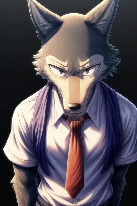 (((masterpiece,best quality,ultra-detailed))),1wolf,legoshi,gray_wolf,solo,handsome detailed face,school uniform,school pants,necktie,yiff,<lora:Legoshi_Lora:1>,(((Three-point lighting,,dark color background))),((black eyes,solid eyes)),<lora:add_detail:1>,(Disgust,Looking At Viewer,top-down view:1.236),<lora:muscle_slider_v1:-1.15>,<lora:weight_slider_v2:-1.15>,