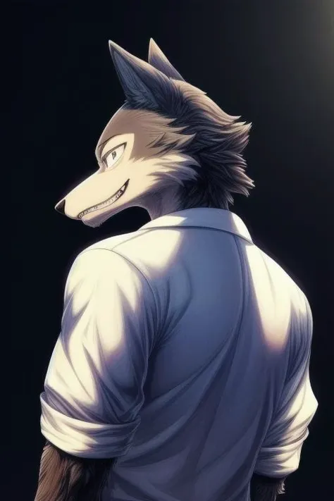 (((masterpiece,best quality,ultra-detailed))),1wolf,legoshi,gray_wolf,solo,handsome detailed face,watch to the viewer,school uniform,yiff,<lora:Legoshi_Lora:1>,(((Three-point lighting,,dark color background))),((black eyes,solid eyes)),<lora:add_detail:1>,(Evil Smile,Looking Back,subject look up:1.236),