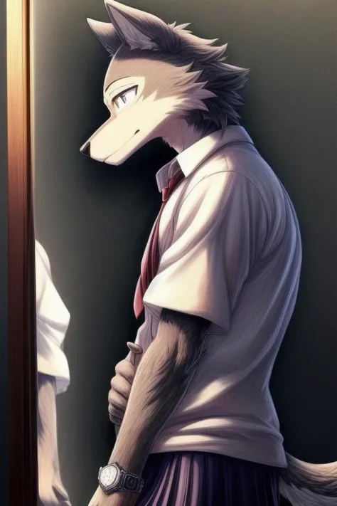 (((masterpiece,best quality,ultra-detailed))),1wolf,legoshi,gray_wolf,solo,handsome detailed face,watch to the viewer,school uniform,yiff,<lora:Legoshi_Lora:1>,(((Three-point lighting,,dark color background))),((black eyes,solid eyes)),<lora:add_detail:1>,(Jitome,Looking At Mirror,side view down:1.236),<lora:muscle_slider_v1:-0.85>,<lora:weight_slider_v2:-0.75>,