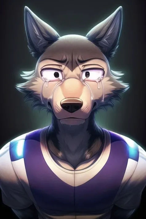 (((masterpiece,best quality,ultra-detailed))),1wolf,legoshi,gray_wolf,solo,detailed face,yiff,<lora:Legoshi_Lora:1>,(((neon light,dark color background))),((black eyes,solid eyes)),(Male Sports Journalist:1.25),<lora:add_detail:1>,(Crying With Eyes Open,looking up,dynamic angle:1.236),<lora:muscle_slider_v1:-0.85>,<lora:weight_slider_v2:-0.95>,