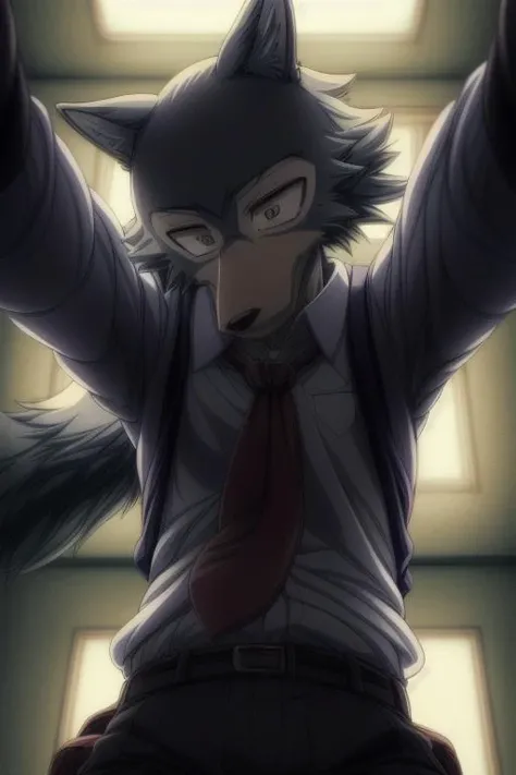 uploaded on e621,(Hyper quality:1.45),(masterpiece:1.41),(Vivid Colors:1.39),(Anime style:1.41),(Toon style:1.45),1boy,legoshi,(gray wolf boy:1.21),solo,school uniform,pants,school bag,yiff,necktie,school suit,(cinematic lighting, cinematic shot:1.41),in the classroom,Dark,<lora:add_detail:0.7>,<lora:weight_slider_v2:-0.5>,<lora:Legoshi_Lora:1>,(wormâs eye view:1.46),