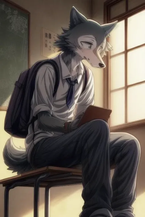 uploaded on e621,(Hyper quality:1.45),(masterpiece:1.41),(illustration,best quality,delicate details,Vivid Colors:1.39),(Japan Anime style:1.41),1boy,legoshi,(gray wolf boy:1.21),solo,watch to the viewer,school uniform,pants,school bag,yiff,(cinematic lighting, cinematic shot:1.41),in the classroom,Crying,<lora:add_detail:0.7>,<lora:weight_slider_v2:-0.5>,<lora:Legoshi_Lora:1>,(top-down:1.46),