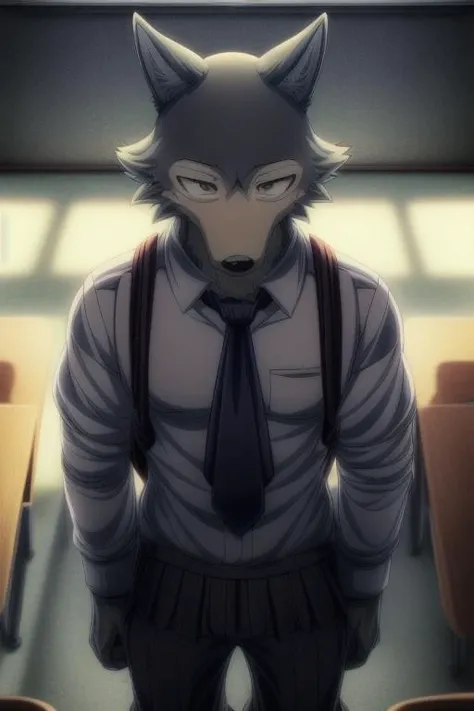 uploaded on e621,(Hyper quality:1.45),(masterpiece:1.41),(Vivid Colors:1.39),(Anime style:1.41),(Toon style:1.45),1boy,legoshi,(gray wolf boy:1.21),solo,school uniform,pants,school bag,yiff,necktie,school suit,(cinematic lighting, cinematic shot:1.41),in the classroom,Gloom,<lora:add_detail:0.7>,<lora:weight_slider_v2:-0.5>,<lora:Legoshi_Lora:1>,(top-down view:1.46),