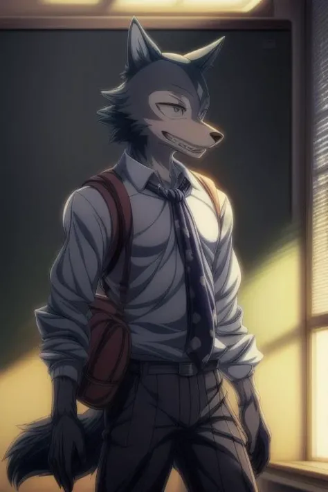 uploaded on e621,(Hyper quality:1.45),(masterpiece:1.41),(Vivid Colors:1.39),(Anime style:1.41),(Toon style:1.45),1boy,legoshi,(gray wolf boy:1.21),solo,school uniform,pants,school bag,yiff,necktie,school suit,(cinematic lighting, cinematic shot:1.41),in the classroom,Embarrass,<lora:add_detail:0.7>,<lora:weight_slider_v2:-0.5>,<lora:Legoshi_Lora:1>,(panoramic view:1.46),