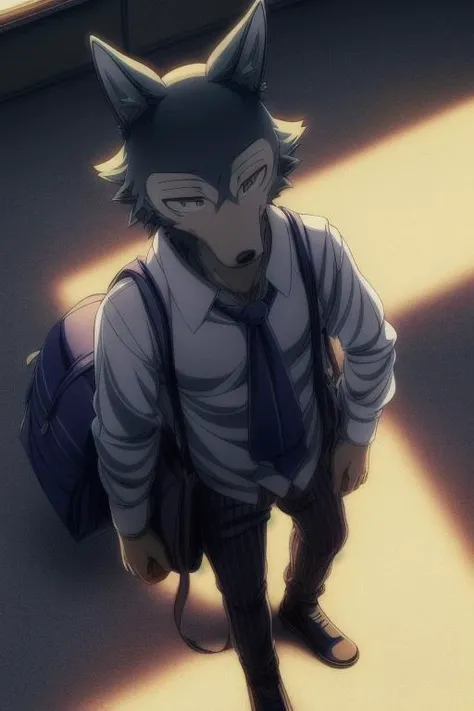 uploaded on e621,(Hyper quality:1.45),(masterpiece:1.41),(Vivid Colors:1.39),(Anime style:1.41),(Toon style:1.45),1boy,legoshi,(gray wolf boy:1.21),solo,school uniform,pants,school bag,yiff,necktie,school suit,(cinematic lighting, cinematic shot:1.41),in the classroom,Happy New Year,<lora:add_detail:0.7>,<lora:weight_slider_v2:-0.5>,<lora:Legoshi_Lora:1>,(high-angle view:1.46),