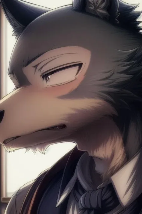 uploaded on e621,(Hyper quality:1.45),(masterpiece:1.41),(Vivid Colors:1.39),(Anime style:1.41),(Toon style:1.45),1boy,legoshi,(gray wolf boy:1.21),solo,school uniform,pants,school bag,yiff,necktie,school suit,(cinematic lighting, cinematic shot:1.41),in the classroom,Anguish,<lora:add_detail:0.7>,<lora:weight_slider_v2:-0.5>,<lora:Legoshi_Lora:1>,(extreme close-up view:1.46),