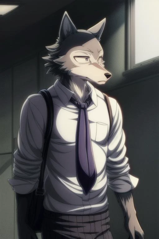 uploaded on e621,(Hyper quality:1.45),(masterpiece:1.41),(Vivid Colors:1.39),(Anime style:1.41),(Toon style:1.45),1boy,legoshi,(gray wolf boy:1.21),solo,school uniform,pants,school bag,yiff,necktie,school suit,(cinematic lighting, cinematic shot:1.41),in the classroom,Gloom,<lora:add_detail:0.7>,<lora:weight_slider_v2:-0.5>,<lora:Legoshi_Lora:1>,(zoomed out:1.46),