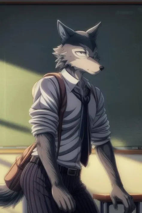 uploaded on e621,(Hyper quality:1.45),(masterpiece:1.41),(Vivid Colors:1.39),(Anime style:1.41),(Toon style:1.45),1boy,legoshi,(gray wolf boy:1.21),solo,school uniform,pants,school bag,yiff,necktie,school suit,(cinematic lighting, cinematic shot:1.41),in the classroom,Pacifier,<lora:add_detail:0.7>,<lora:weight_slider_v2:-0.5>,<lora:Legoshi_Lora:1>,(angled:1.46),