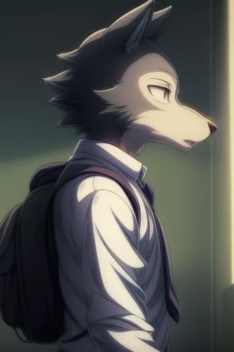 uploaded on e621,(Hyper quality:1.45),(masterpiece:1.41),(Vivid Colors:1.39),(Anime style:1.41),(Toon style:1.45),1boy,legoshi,(gray wolf boy:1.21),solo,school uniform,pants,school bag,yiff,necktie,school suit,(cinematic lighting, cinematic shot:1.41),in the classroom,Dark,<lora:add_detail:0.7>,<lora:weight_slider_v2:-0.5>,<lora:Legoshi_Lora:1>,(side view up:1.46),