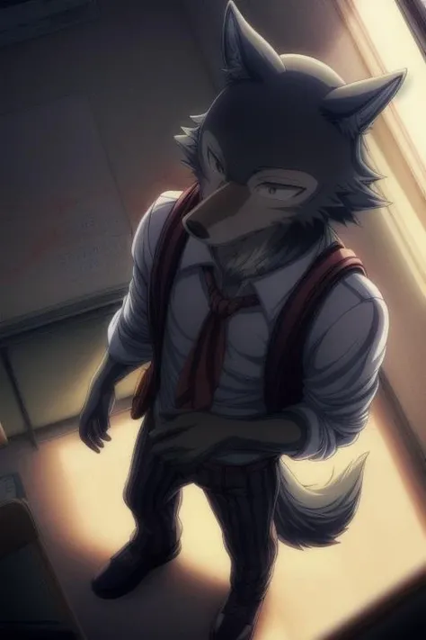uploaded on e621,(Hyper quality:1.45),(masterpiece:1.41),(Vivid Colors:1.39),(Anime style:1.41),(Toon style:1.45),1boy,legoshi,(gray wolf boy:1.21),solo,school uniform,pants,school bag,yiff,necktie,school suit,(cinematic lighting, cinematic shot:1.41),in the classroom,Yandere,<lora:add_detail:0.7>,<lora:weight_slider_v2:-0.5>,<lora:Legoshi_Lora:1>,(wide-angle view:1.46),
