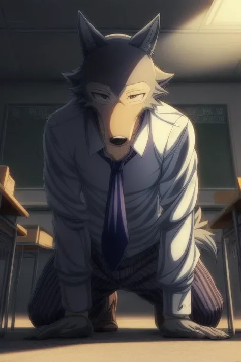 uploaded on e621,(Hyper quality:1.45),(masterpiece:1.41),(Vivid Colors:1.39),(Anime style:1.41),(Toon style:1.45),1boy,legoshi,(gray wolf boy:1.21),solo,school uniform,pants,school bag,yiff,necktie,school suit,(cinematic lighting, cinematic shot:1.41),in the classroom,Epic Detail,<lora:add_detail:0.7>,<lora:weight_slider_v2:-0.5>,<lora:Legoshi_Lora:1>,(subject look up:1.46),