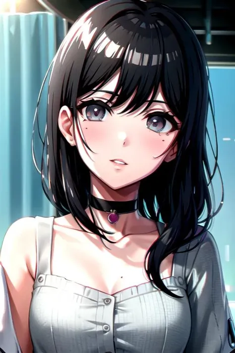 <lora:TakaoToka-10:0.7>, takaotoka, looking at viewer, parted lips, choker, grey eyes, mole under eye, portrait, close-up, chromatic aberration
