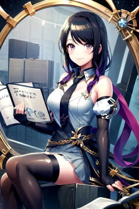 <lora:TakaoToka-10:0.7>, takaotoka, looking at viewer, smile, skirt, thighhighs, gloves, dress, bow, sitting, closed mouth, purple hair, detached sleeves, necktie, black gloves, elbow gloves, puffy sleeves, black thighhighs, fingerless gloves, blue skirt, book, blue bow, single thighhigh, open book, magnifying glass, globe