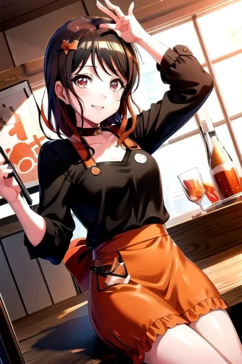 <lora:TakaoToka-10:0.7>,takaotoka, takami chika, orange hair, red eyes, love live!, medium hair, shirt, black shirt, apron, red apron