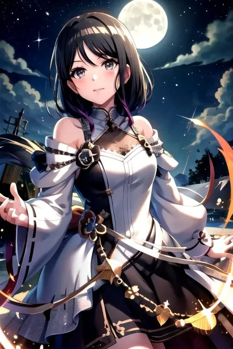 Honkai 3 Raiden Bud Coat, nedium breasts, themoon, the trees, late, 独奏, hair adornments, Eau, the hair,florals, exteriors, Skysky, moon full, Sateen, brunette color hair, Not shoulders, mont, clouds, standing on your feet, nigh sky, From the side Side, Reflectors, mostly cloudy sky, floated hair (((tmasterpiece),(Very detailed CG unity 8k wallpaper),best qualtiy,,独奏,1girl,cinmatic lighting,detailed back ground,beatiful detailed eyes,Bright pupils,(very fine and beautiful),(Beautiful and detailed eye description),ultra - detailed,tmasterpiece,)),