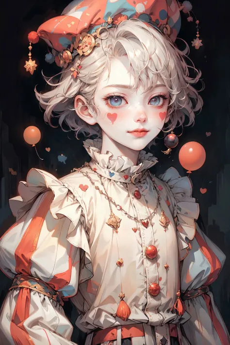 artstudt, (official art, extremely detailed CG unity 8k wallpaper),(1boy:1.3),beautifully detailed eyes, detailed fine nose, detailed fingers, (8k), (best quality), ( masterpiece:1.2), (realistic), ( photorealistic:1.37), extremely detailed
art poster of a clown head, in the style of miho hirano, detailed costumes, ivanovich pimenov, charming characters, toyen, hyper-detailed illustrations
1 clown boy, (blone hair), short hair, light smile, (closed eyes), heart drawing on face, clown hat, baggy pants, 
 <lora:add_detail:0.3> <lora:NijiClown:0.6> <lora:fairy:0.3> <lora:CircusPunkAIv2:0.2>