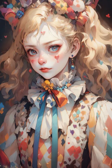 HDR,UHD,8K, best quality, masterpiece, Highly detailed, Studio lighting, physically-based rendering, 1girl, solo,
a clown. colorful, clown hat and flowers, clown costume, gloves, heart drawing on face, dark blonde hair,(sad), white face, wavy hair, hair bun,
(upper body) full body, <lora:add_detail:0.3> <lora:fairy:0.3> <lora:NijiClown:0.6>
