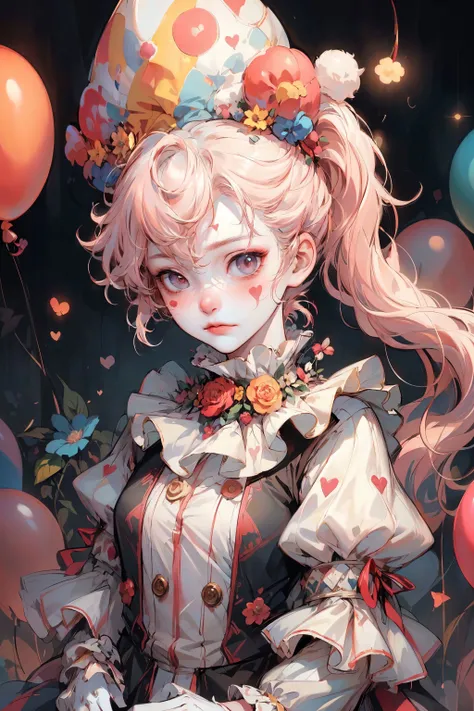 HDR,UHD,8K, best quality, masterpiece, Highly detailed, Studio lighting, physically-based rendering, 1girl, solo,
a clown. colorful, clown hat and flowers, clown costume, gloves, heart drawing on face, light pink hair,(sad), white face, wavy hair, long hair, 2 ponytail,
(upper body) full body, <lora:add_detail:0.3> <lora:fairy:0.3> <lora:NijiClown:0.6>