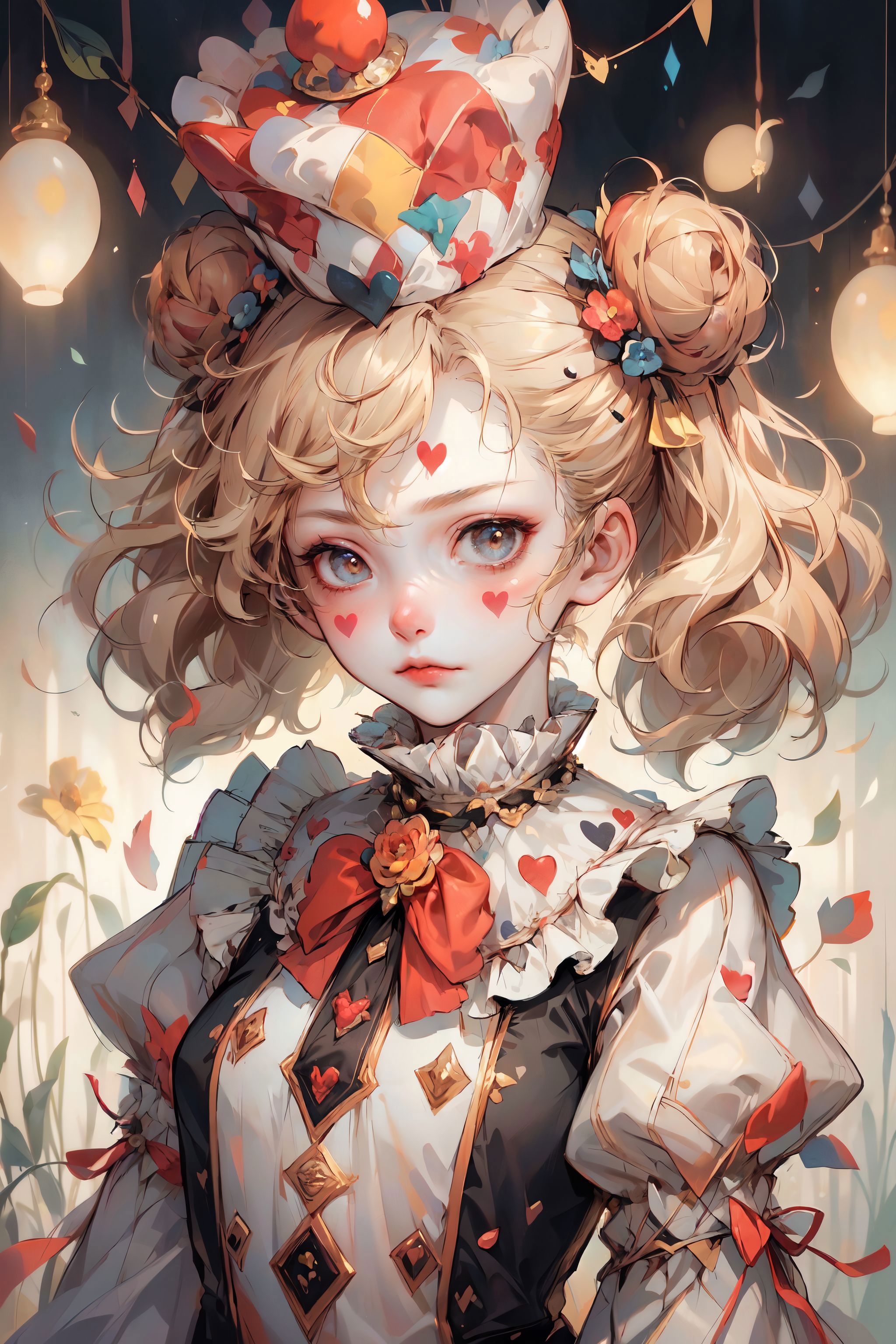 A woman with a hat and a bow is standing in front of balloons - SeaArt AI