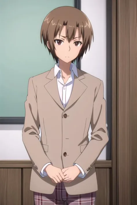 kensugisaki, <lora:ken sugisaki s2-lora-nochekaiser:1>,
ken sugisaki, short hair, brown hair, (brown eyes:1.5), male focus,
BREAK long sleeves, school uniform, jacket, pants, plaid, plaid pants, shirt, white shirt, collared shirt, brown jacket,
BREAK indoors, classroom,
BREAK looking at viewer, (cowboy shot:1.5),
BREAK <lyco:GoodHands-beta2:1>, (masterpiece:1.2), best quality, high resolution, unity 8k wallpaper, (illustration:0.8), (beautiful detailed eyes:1.6), extremely detailed face, perfect lighting, extremely detailed CG, (perfect hands, perfect anatomy),
