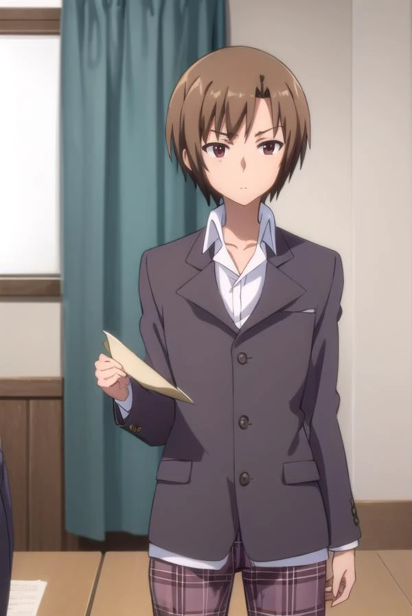 kensugisaki, <lora:ken sugisaki s2-lora-nochekaiser:1>,
ken sugisaki, short hair, brown hair, (brown eyes:1.5), male focus,
BREAK long sleeves, school uniform, jacket, pants, plaid, plaid pants, shirt, white shirt, collared shirt, brown jacket,
BREAK indoors, classroom,
BREAK looking at viewer, (cowboy shot:1.5),
BREAK <lyco:GoodHands-beta2:1>, (masterpiece:1.2), best quality, high resolution, unity 8k wallpaper, (illustration:0.8), (beautiful detailed eyes:1.6), extremely detailed face, perfect lighting, extremely detailed CG, (perfect hands, perfect anatomy),