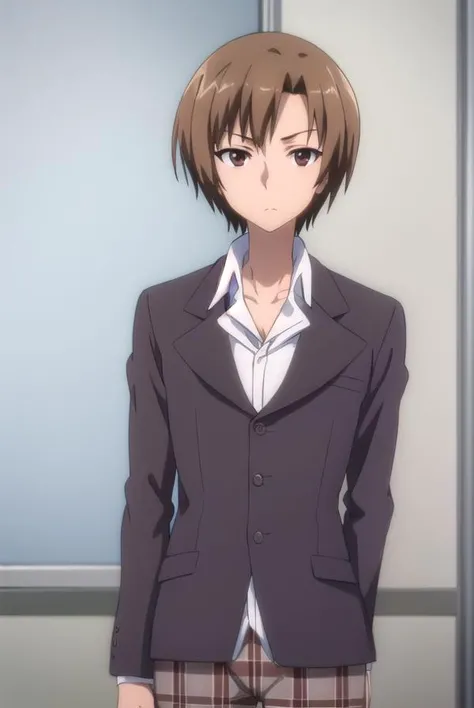 kensugisaki, <lora:ken sugisaki s2-lora-nochekaiser:1>,
ken sugisaki, short hair, brown hair, (brown eyes:1.5), male focus,
BREAK long sleeves, school uniform, jacket, pants, plaid, plaid pants, shirt, white shirt, collared shirt, brown jacket,
BREAK indoors, classroom,
BREAK looking at viewer, (cowboy shot:1.5),
BREAK <lyco:GoodHands-beta2:1>, (masterpiece:1.2), best quality, high resolution, unity 8k wallpaper, (illustration:0.8), (beautiful detailed eyes:1.6), extremely detailed face, perfect lighting, extremely detailed CG, (perfect hands, perfect anatomy),