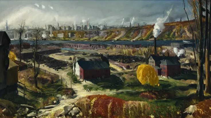 landscape painting, (George Bellows style:1.3), oil on canvas, (American Realism:1.1). autumn
a turn of the century 1900 city with factories,river in the background.
<lora:George_Bellows_American_Realism:1>