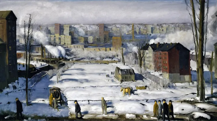 landscape painting, (George Bellows style:1.3), oil on canvas, (American Realism:1.1). winter, snow on ground
a turn of the century 1900 city with tenements,warehouses, bridges, and a river in the background. 
<lora:George_Bellows_American_Realism:1>