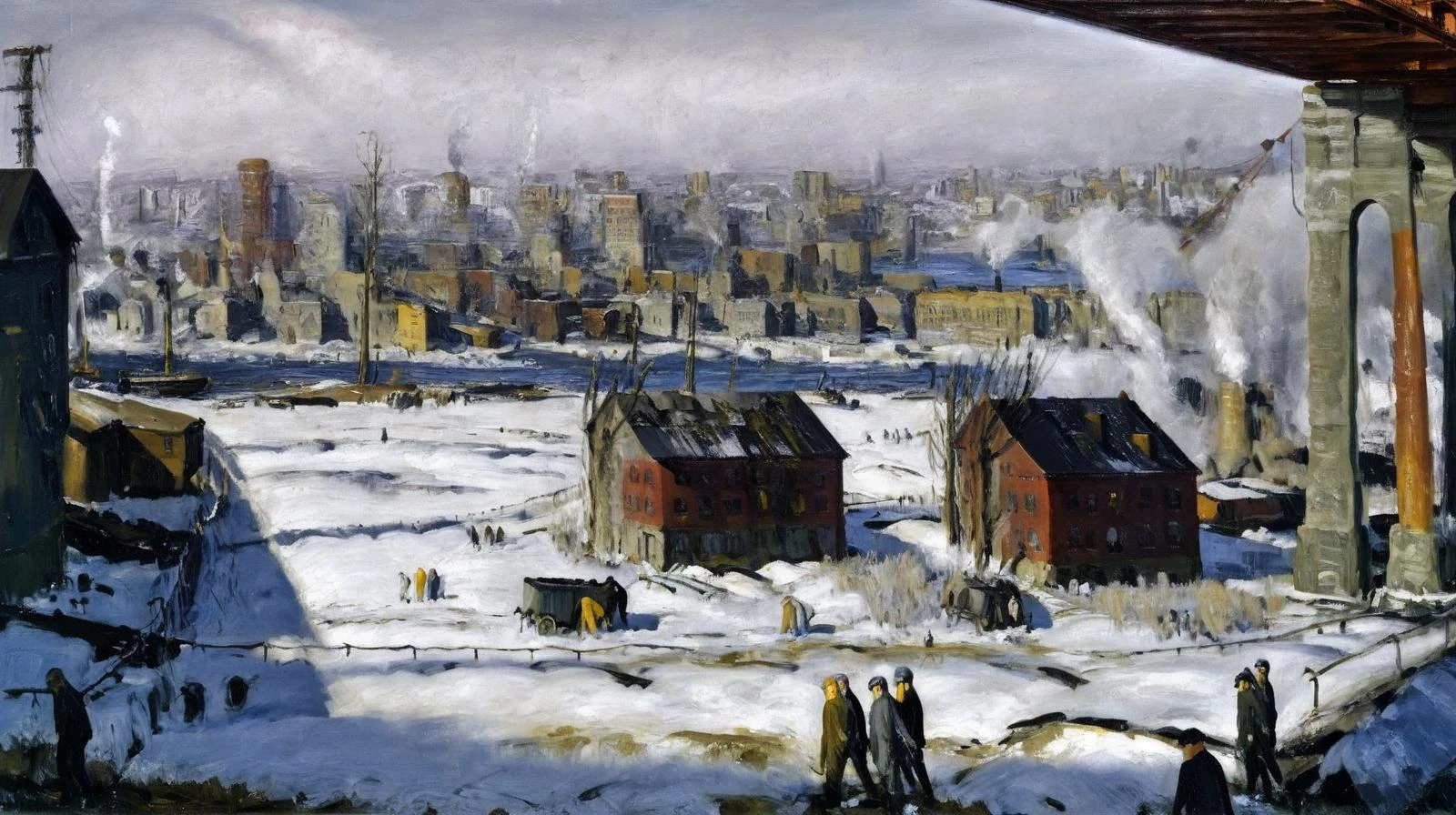 landscape painting, (George Bellows style:1.3), oil on canvas, (American Realism:1.1). winter, snow on ground
a steampunk city with bridge,warehouses in the background.
<lora:George_Bellows_American_Realism:1>