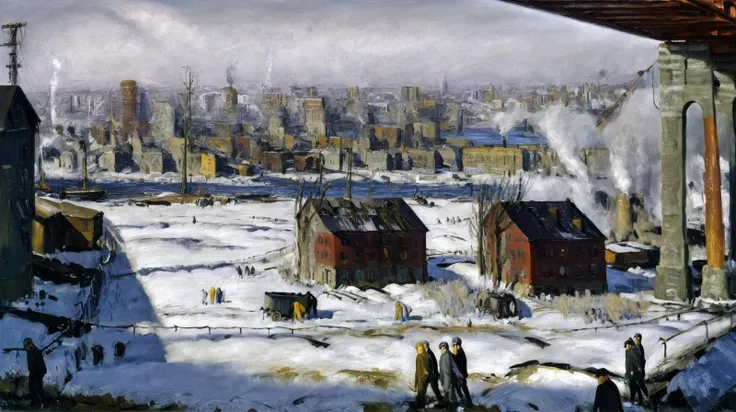 landscape painting, (George Bellows style:1.3), oil on canvas, (American Realism:1.1). winter, snow on ground
a steampunk city with bridge,warehouses in the background. 
<lora:George_Bellows_American_Realism:1>