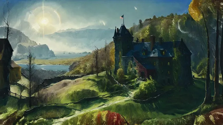 landscape painting, (George Bellows style:1.3), oil on canvas, (American Realism:1.1)
a dreamy fantasy small castle in the style of lush digital painting , godrays and rossdraws global illumination high contrast and Radial Blur and Lens Flare , , intricate John Howe , <lora:George_Bellows_American_Realism:1>