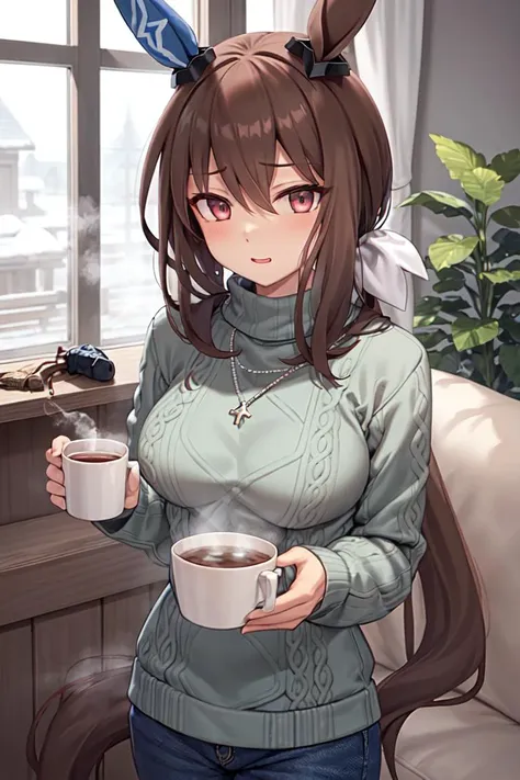 masterpiece, best quality,
admire vega \(umamusume\),
winter, snow,
pants, long sleeves, blue sweater, turtleneck sweater, ribbed sweater, jewelry, casual, necklace,
holding mug, steam,
<lora:admire_vega_lora:0.8>