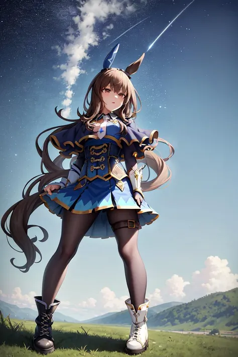 masterpiece, best quality,
admire vega \(umamusume\),
starry sky, night, horizon, standing, looking up, 
white necktie, skirt, long sleeves, white footwear, thigh strap, black pantyhose, boots, shirt, puffy sleeves, pleated skirt, buttons, corset, capelet, fingerless gloves, black gloves, mismatched footwear
<lora:admire_vega_lora:0.8>