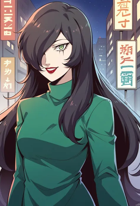 score_9, score_8_up, score_7_up, source_anime BREAK 1girl, solo,   <lora:zs_JunkoXL:1> junkop2, black hair, very long hair, hair over one eye, green eyes, lipstick, green dress, turtleneck,
cowboy shot, city, street, night, smile