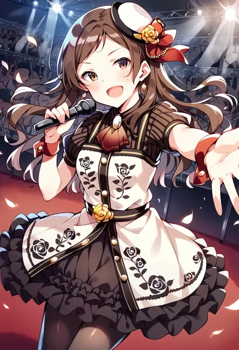 score_9, score_8_up, score_7_up, source_anime BREAK
kitazawa shiho, chocoliere rose, 1girl, microphone, brown hair, brown eyes, long hair, open mouth, confetti, music, looking at viewer, sweat, mini hat, singing, blush, solo, stage, glowstick, jewelry, floral print, one side up, outstretched arm, holding microphone, solo focus, dutch angle, audience, puffy short sleeves, sparkle, yellow rose, lens flare, frills, crowd, tilted headwear, pantyhose, wrist cuffs, brooch, stage lights, indoors, rose print, wristband, outstretched hand, bracelet, v-shaped eyebrows, mini top hat, concert, ascot, red ribbon, vertical stripes, :o, buttons, black skirt, glint, standing, swept bangs, floating hair, black legwear, striped shirt, sweatdrop, spotlight, red carpet, black dress, white headwear, smile, vertical-striped shirt, hat flower, frilled dress, dancing, print dress, parted bangs, cowboy shot, hair ribbon, vertical-striped dress, brown dress, collared dress, instrument, reaching out, petals, frilled skirt, collared shirt, black shirt, striped clothes, white dress, red neckwear, hat ribbon
<lora:kitazawa_shiho_sdxl_pony_locon_v1:0.8>