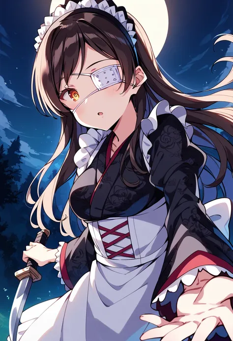 score_9, score_8_up, score_7_up, source_anime BREAK
kitazawa shiho, tasogarenofuchi, eyepatch, 1girl, maid headdress, japanese clothes, night, knife, brown hair, full moon, looking at viewer, kimono, outdoors, maid apron, wa maid, medical eyepatch, glowing eye, glowing, long sleeves, solo, brown eyes, tree, maid, dutch angle, wide sleeves, white apron, holding knife, frills, open mouth, black kimono, night sky, cloud, forest, frilled apron, floral print, pov, yellow eyes, one eye covered, solo focus, parted lips, holding sword, eyebrows visible through hair, blurry foreground, nature, upper body, depth of field, film grain, black hair, swept bangs, glowing eyes, light trail, arm up, print kimono, star \(sky\), drawstring, puffy sleeves, :o, moonlight, collarbone, outstretched arm, sword, reaching out, cloudy sky, building, house, starry sky, hand up, unsheathing, cross-laced clothes, reverse grip, fog, red ribbon, orange eyes, standing, scenery, waist apron, hair ornament, outstretched hand, sidelocks, juliet sleeves, mansion, medium breasts, glint, frilled sleeves, very long hair, corset, lens flare, pov hands, blurry background, grass, sheath, black dress, out of frame, frilled hairband, white eyepatch, dagger, chromatic aberration, glowing weapon, wide-eyed, hair between eyes, blush, floating hair
<lora:kitazawa_shiho_sdxl_pony_locon_v1:0.8>